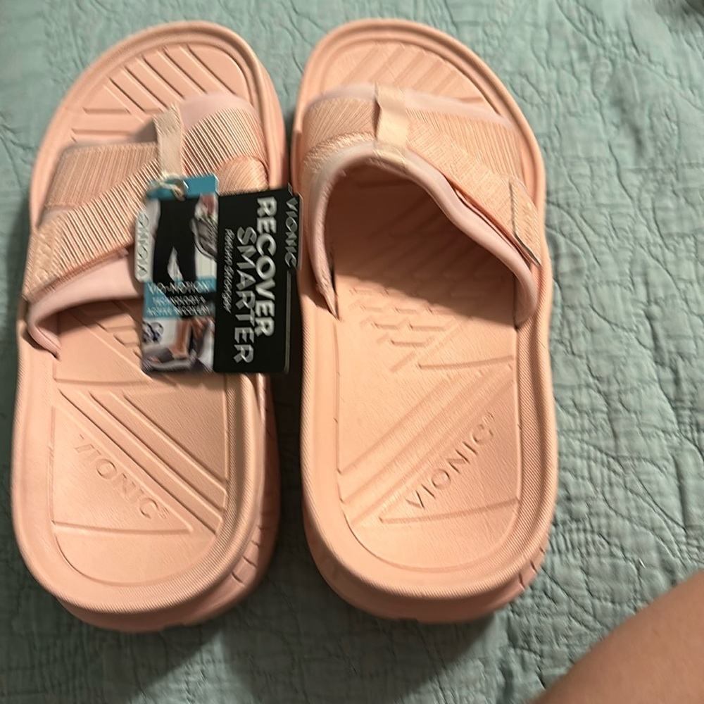 Vionic Adjustable Unisex Recovery Slide Sandals - Peach Pink Size 9 Ladies